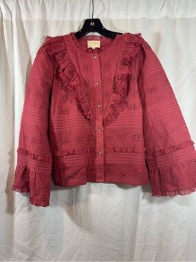 Sezane Red Eyelet Ruffled Button-Front Blouse 38